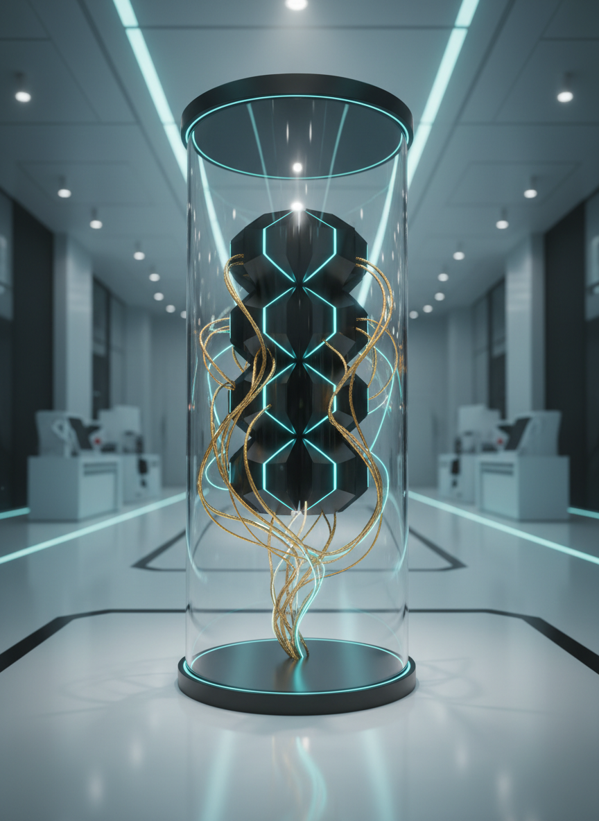 A sleek, matte-black quantum computer core suspended within a transparent cylindrical chamber, its braided gold superconducting cables branching out like a luminous neural network. The chamber stands in the center of a minimalist, white research lab with glossy floors and subtle embedded LED light strips in cool cyan. Focused overhead spotlights create dramatic highlights along the metallic edges and faint reflections on the glass, while the rest of the room fades into a gentle bokeh. Shot at eye level with a centered composition in photographic realism, the machine appears almost like a sacred artifact of innovation. The mood is bold, precise, and intensely focused, conveying the cutting edge of computation and a sense of immense, contained power ready to transform the future.