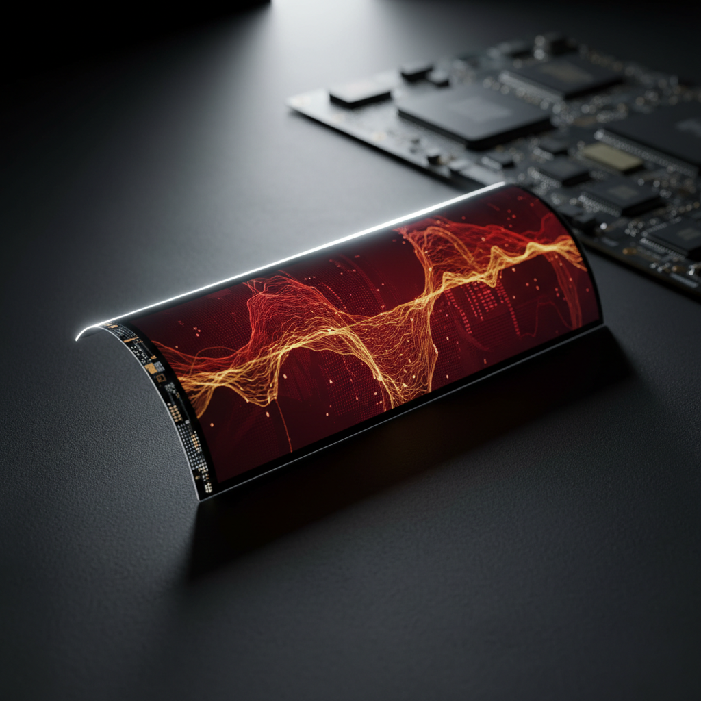 A close-up, macro-style photographic realism shot of a single, ultra-thin flexible display panel curled into a smooth arc on a dark, matte graphite surface. The screen shows a high-contrast, animated data visualization in electric gold and deep crimson, resembling a flowing digital gold vein. Tiny pixels and micro-LED structures are visible at the edges, revealing intricate technology. A narrow beam of cool white studio light from the upper left creates a bright highlight along the curve and sharp, elongated shadows across the background. Soft, blurred circuit boards and processors lie out of focus behind it, suggesting a broader ecosystem of innovation. The mood is bold, refined, and almost tactile, emphasizing breakthrough materials, elegant engineering, and the feeling that the future can be bent to new forms.