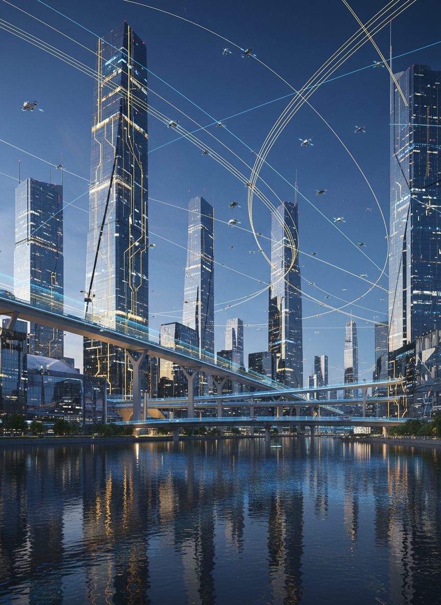 A gleaming, ultra-modern city skyline at twilight, with skyscrapers made of reflective smart glass and embedded golden circuitry patterns running up their sides, symbolizing veins of innovation. Autonomous vehicles glide along elevated translucent highways, and drones trace thin light trails through the sky. The scene is captured in sharp photographic realism from a slightly elevated angle across a calm river that mirrors the glowing architecture. Neon blues and electric golds dominate the palette. Cool, crisp evening light mixes with intense artificial illumination, casting bold reflections and sharp shadows. The atmosphere feels charged and anticipatory, as if the future has just clicked into place. Composition follows the rule of thirds, with a deep, layered sense of depth and a clean, modern aesthetic that exudes bold futurism and technological confidence.