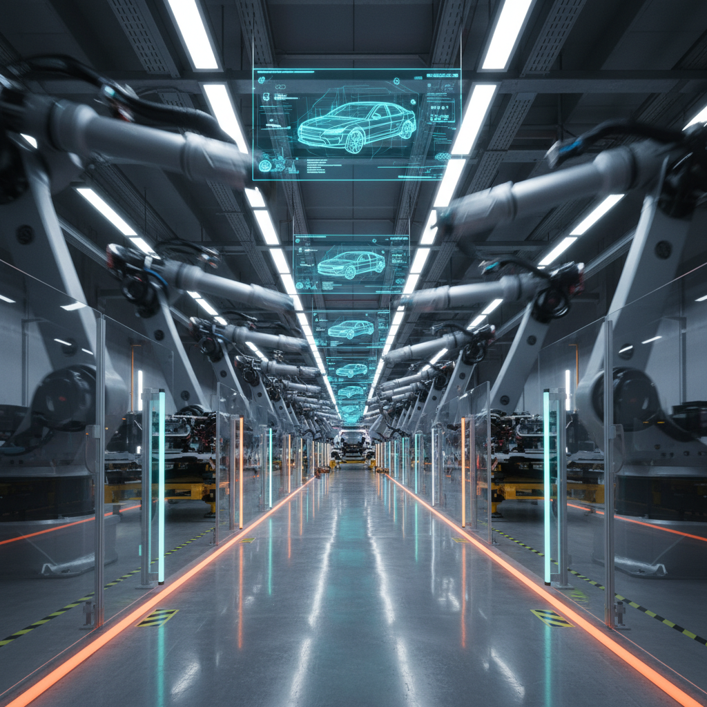 A long, dynamic perspective shot down the central aisle of a fully automated manufacturing facility where sleek robotic arms in brushed aluminum and carbon fiber assemble a modular electric vehicle chassis. The floor is polished concrete with inlaid yellow guidance lines, and transparent safety barriers reflect strips of vivid orange and teal light. Overhead, evenly spaced industrial LEDs cast bright, clean illumination that creates sharp, graphic shadows and crisp reflections, emphasizing precision and speed. Captured in photographic realism with a low-angle, slightly off-center composition, the image showcases conveyor belts, synchronized robotic motion blur, and suspended holographic schematics above the line. The mood is assertive and energetic, highlighting the bold efficiency and relentless forward motion of next-generation manufacturing and industrial innovation.